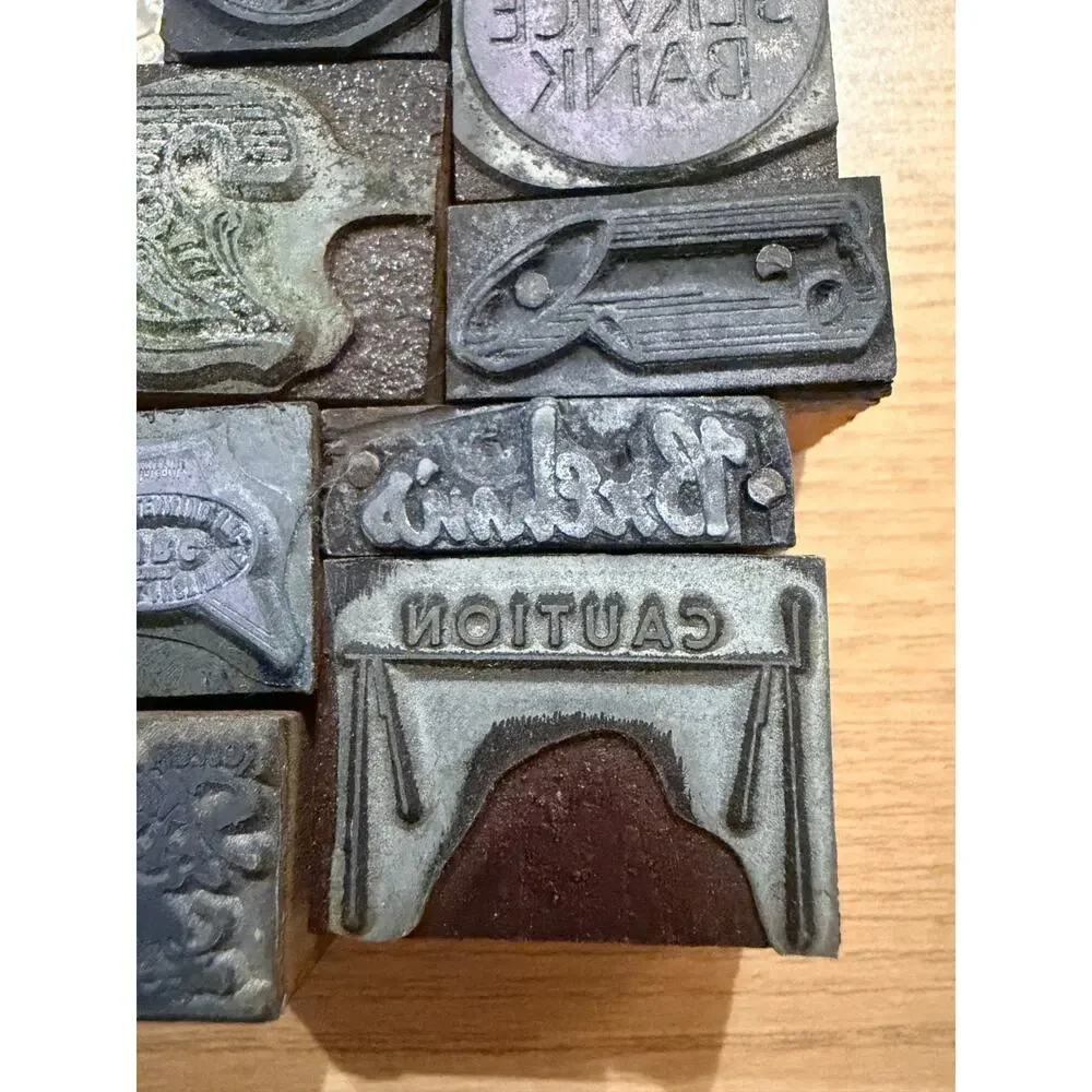 Letterpress Printing Blocks Advertising Logo Cuts Metal & Wood Lot of 9 Vintage